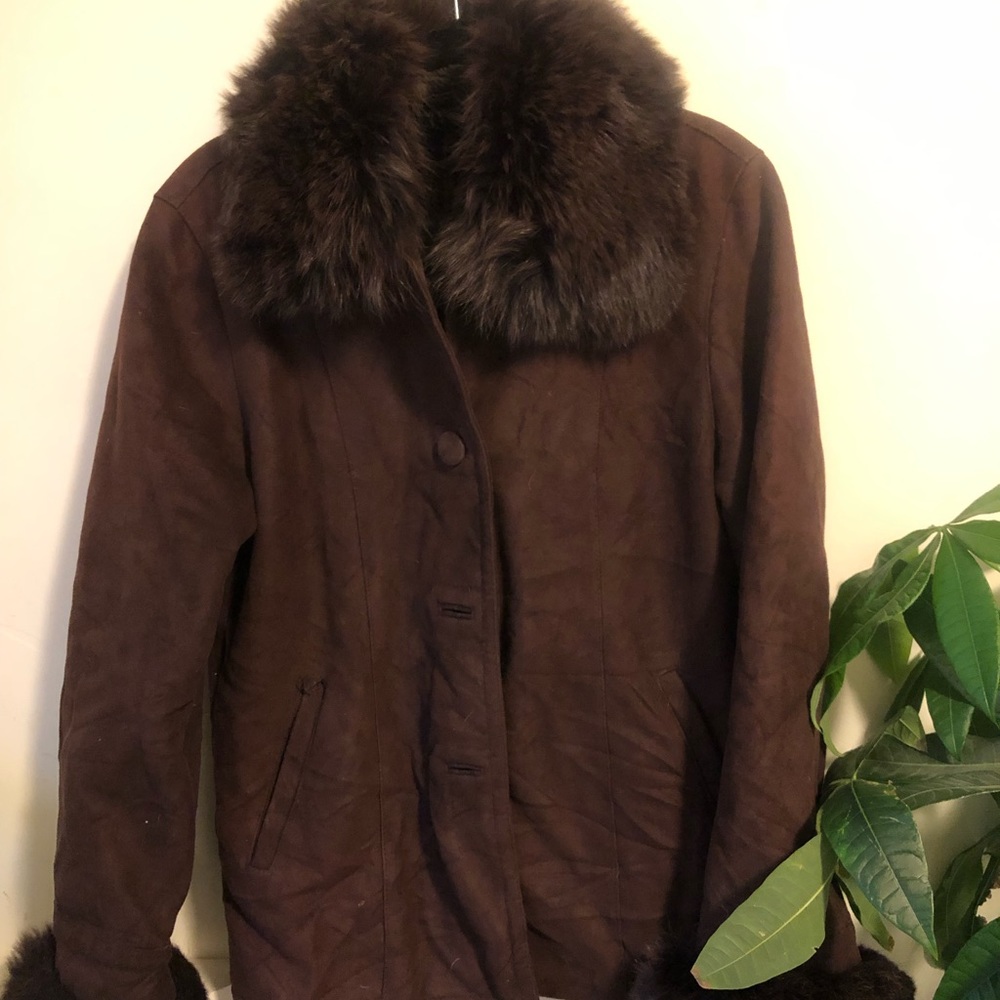 Faux Suede Jacket w Rabbit Fur Collar